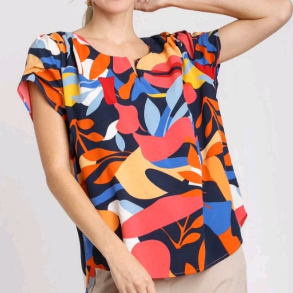 Umgee Top Colorful Dark Navy Abstract Print Short Sleeved Ruched Blouse XL